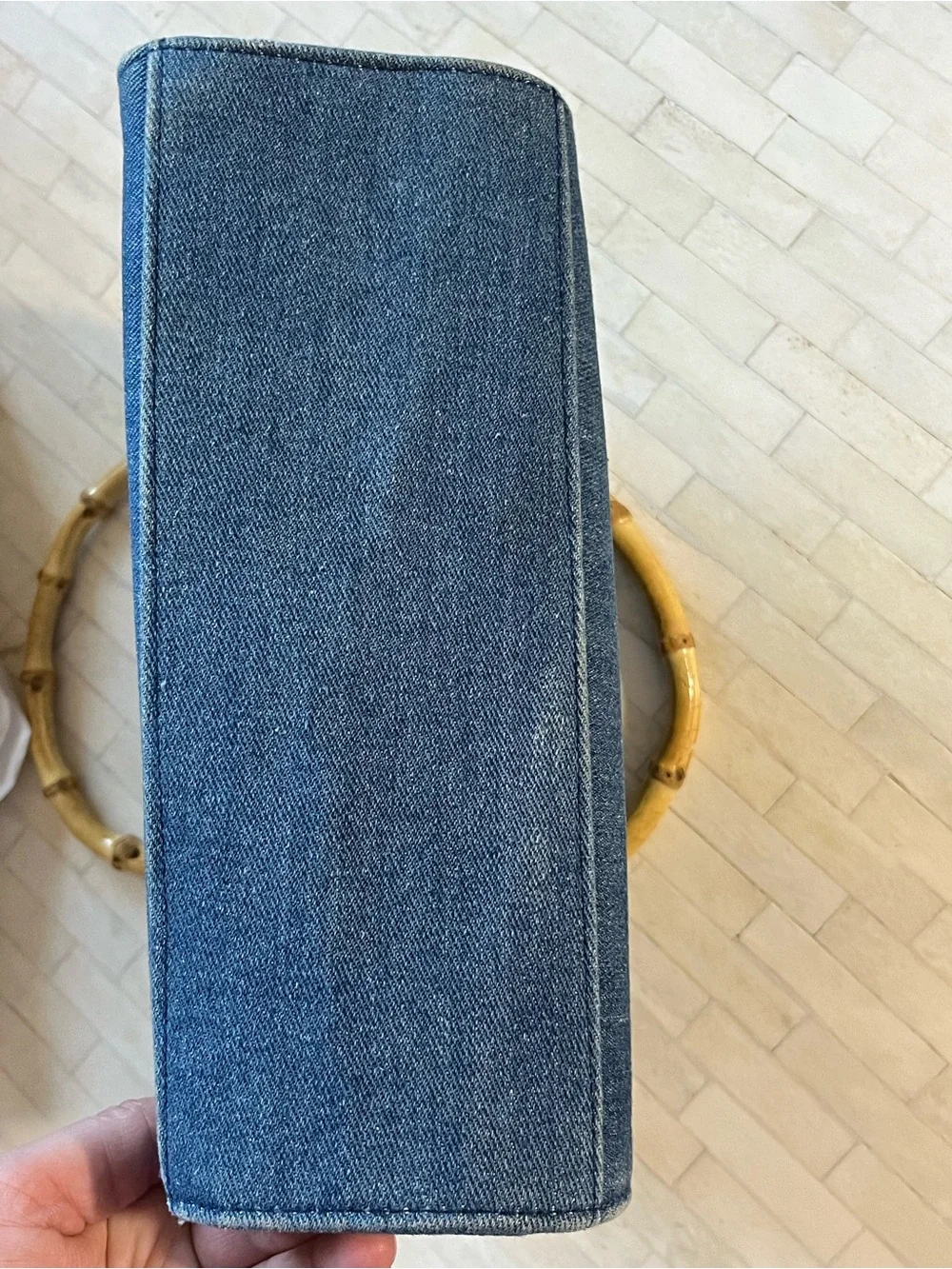 Denim Embroidered Glasses Satchel with Bamboo Handle Colorful - Picture 9 of 13